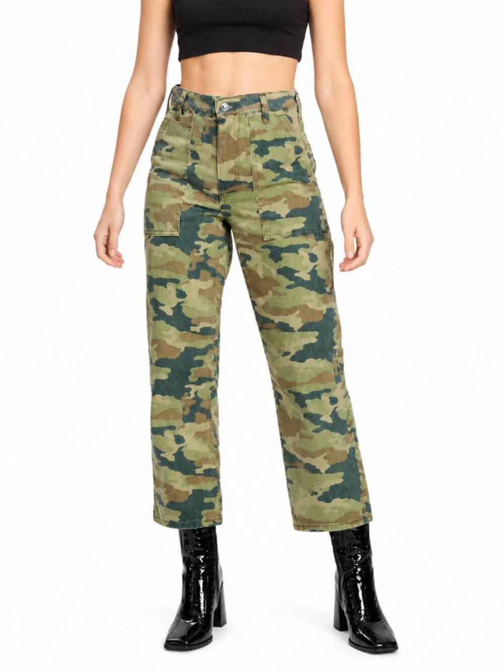 WE THE FREE Remy HR Camo 25" Utility Pants Green Brown Sz 27 Cropped Cotton